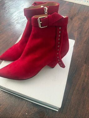 IRO Red Suede Pointed Ankle Booties with Buckle Strap